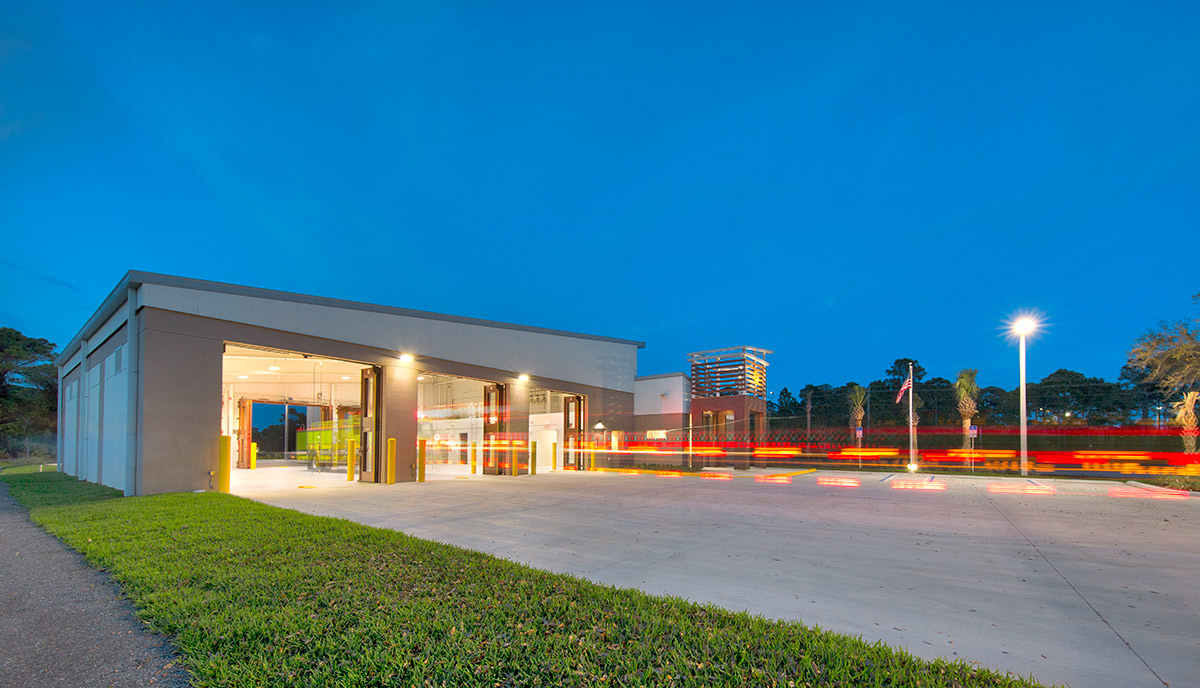 Architectiural dusk view of Palm Beach Gardens fire and rescue.